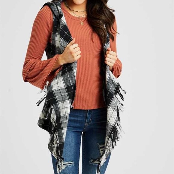 Altar'd State Jackets & Blazers - Altar'd State Fringe Plaid Peyton Brown Vest